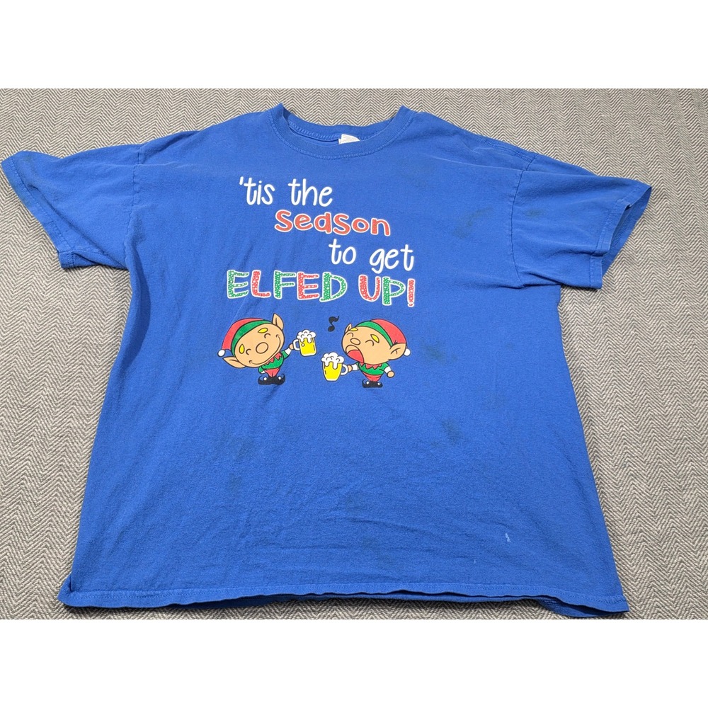 Village Bar Christmas Elfed Up Graphic T-Shirt Mens XL Blue Funny Beer Holiday - Picture 10 of 11